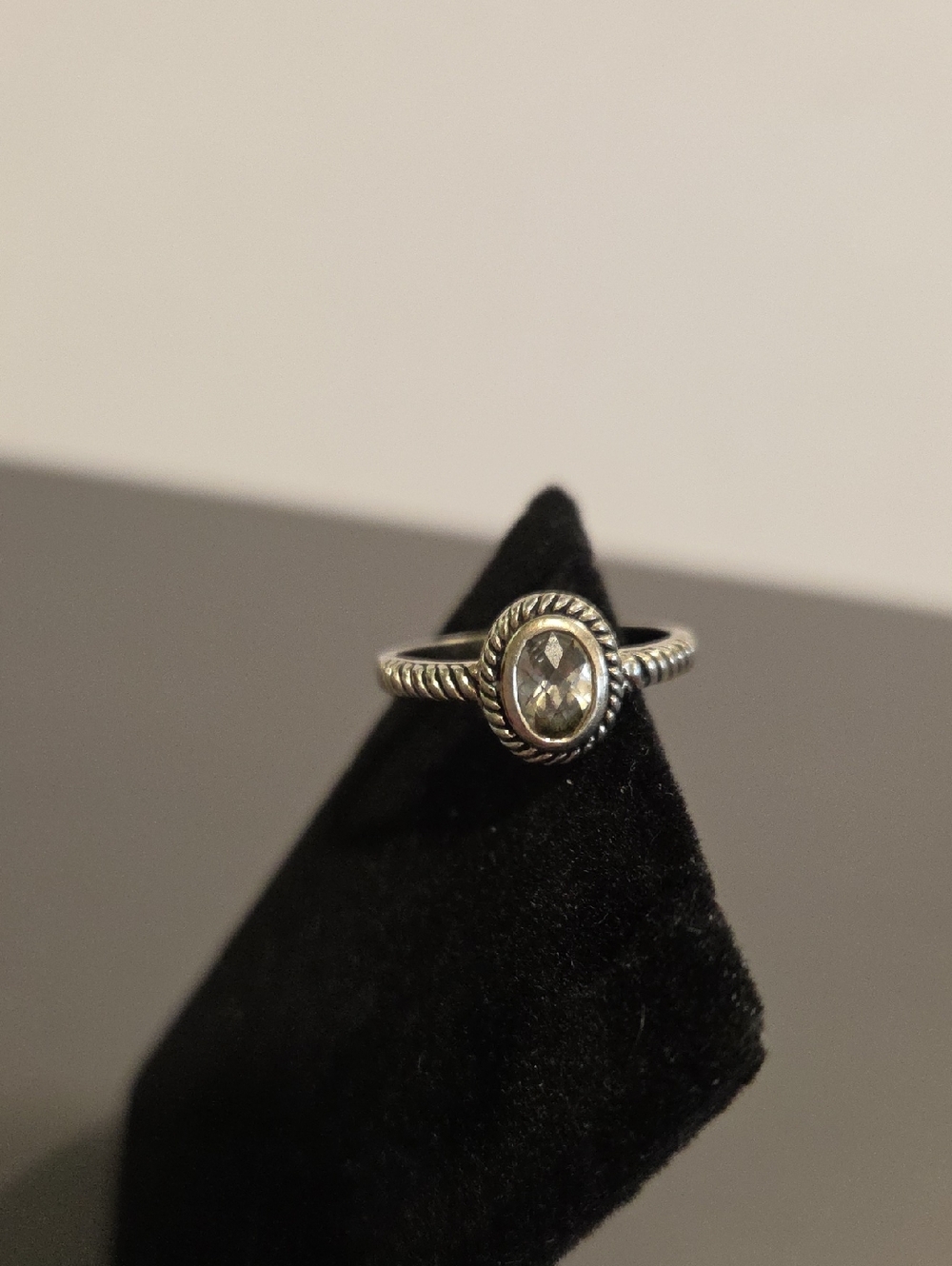 Silver Oval Rope-Detail Ring with Clear Stone- Marked EDCO Sz 10.25"